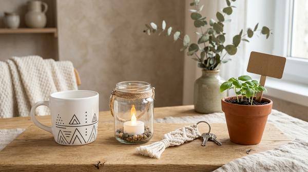 Bemalte Tasse, LED-Windlicht, Makramee-Schlüsselanhänger und kleiner Kräutertopf