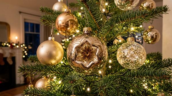 Reflexkugel mit weiteren klassischen Glasornamenten an einem Weihnachtsbaum
