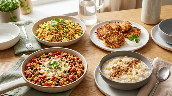 4 Reisgerichte auf einem Tisch: gebratener Reis, Reispuffer, Tomaten-Reis-Pfanne und süßer Reis mit Apfel und Zimt.
