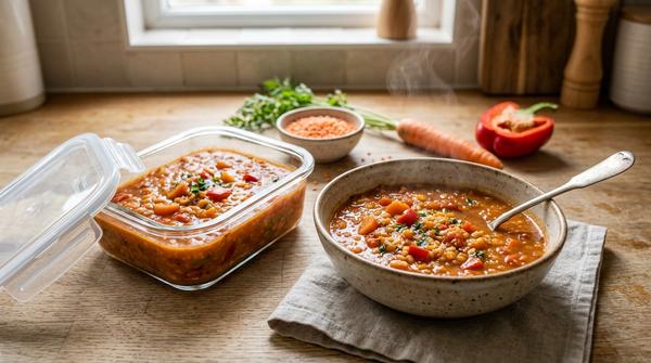 Hausgemachte rote Linsensuppe mit Möhren und Paprika neben portionsweiser Meal-Prep-Dose.