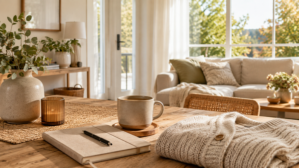 Gemütlicher Herbstmorgen in einem hellen Wohnzimmer mit Kaffee, Notizbuch und Strickjacke auf einem Holztisch