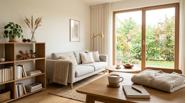 Helles gemütliches Wohnzimmer mit herbstlicher Stimmung, Kaffee, Notizbuch und weichen Textilien als Symbol für einen entspannten Herbst