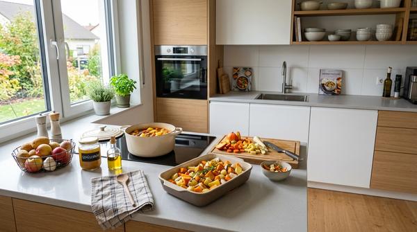 Moderne Küche mit einfachen vorbereiteten warmen Gerichten für entspannte Herbsttage