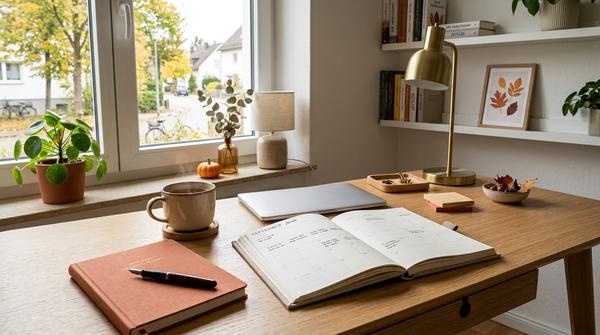 Gemütlicher Schreibtisch mit Kalender und Notizbuch für die Planung von Herbst und Jahresende