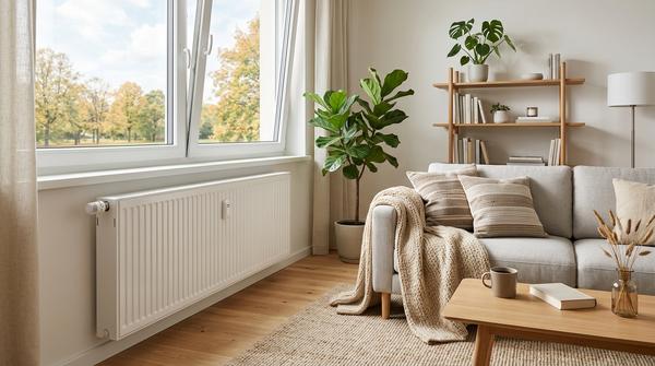 Helles Wohnzimmer mit geöffnetem Fenster und Heizkörper beim Lüften im Herbst