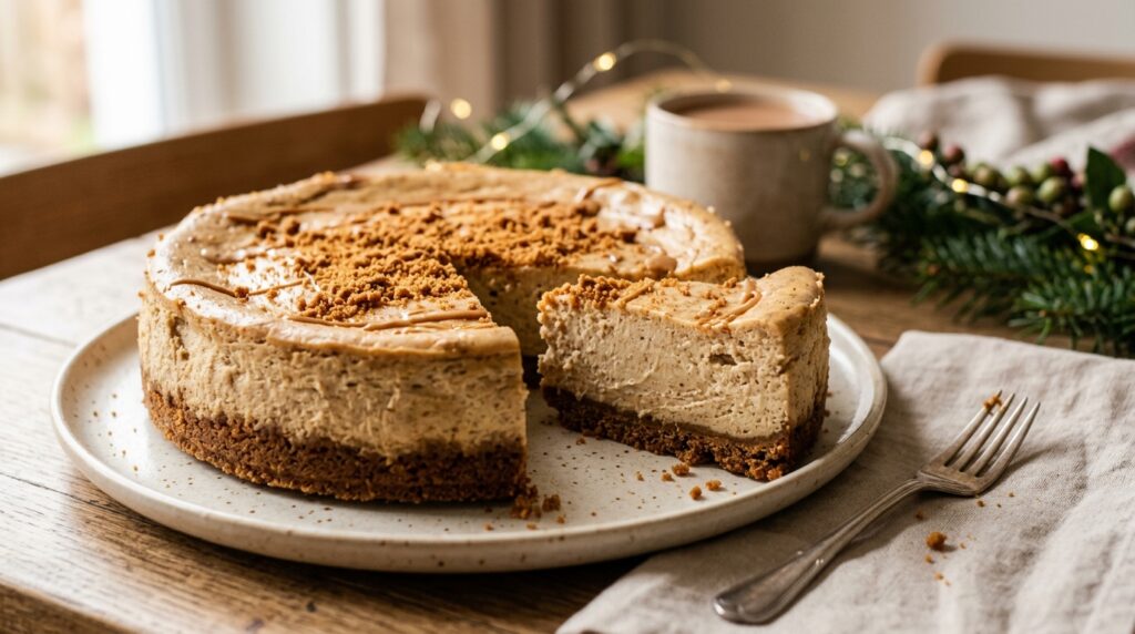 Anschnitt eines Spekulatius-Cheesecakes mit cremiger Füllung