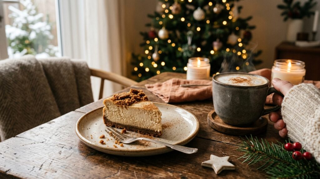 Serviertes Stück Spekulatius-Cheesecake mit Heißgetränk