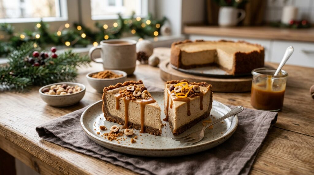 Spekulatius-Cheesecake mit einfachen Topping-Ideen wie Karamell und Haselnüssen