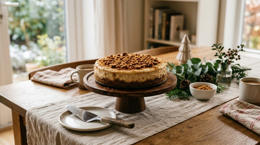 Spekulatius-Cheesecake auf Tortenständer zum Vorbereiten und Servieren