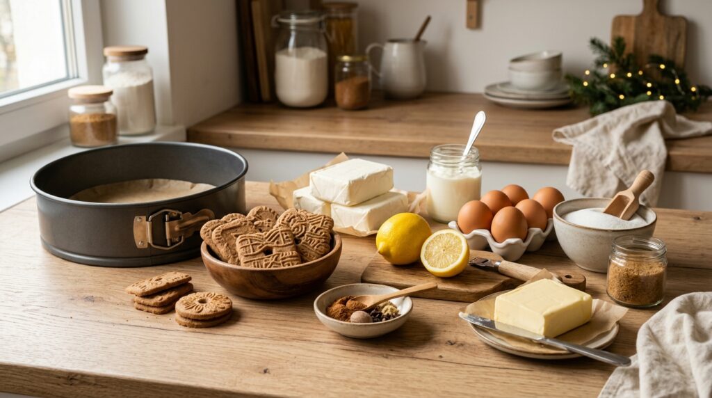 Zutaten für einen Spekulatius-Cheesecake mit Springform und Gewürzspekulatius