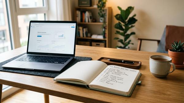 Laptop, Notizbuch und einfache To-do-Liste auf einem hellen Tisch als strukturierter Start ins Nebenbusiness
