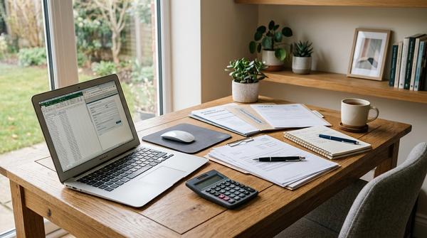 Schreibtisch mit Laptop, Taschenrechner, Notizbuch und geordneten Unterlagen für die Anmeldung einer Selbstständigkeit