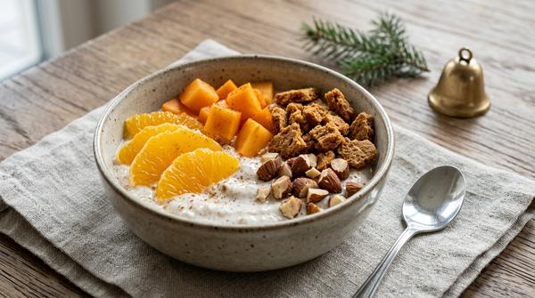 Dessert-Bowl mit Zimt-Quark, Orange, Kaki, Spekulatius und gerösteten Mandeln