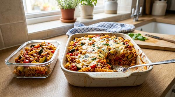 Nudelauflauf mit Tomaten, Gemüse und Käse sowie vorbereiteter Einzelportion für den Gefrierschrank.