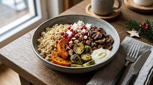 Vegetarische Bowl mit Quinoa, Kürbis, Rosenkohl, Pilzen, Feta und Granatapfel