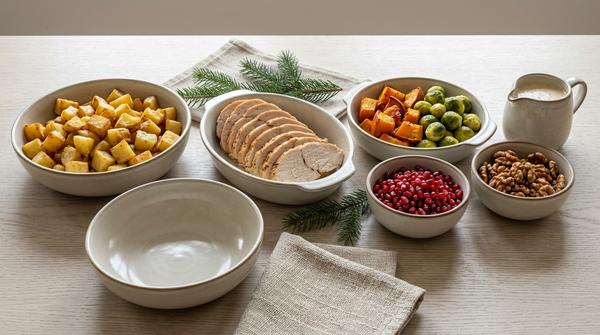 Kartoffeln, Pute, Ofengemüse, Granatapfel, Walnüsse und Sauce als Bowl-Baukasten