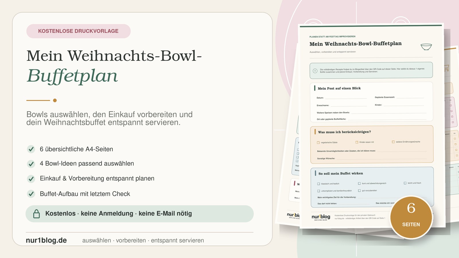 Vorschau des kostenlosen Weihnachts-Bowl-Buffetplans mit Einblick in die 6-seitige Druckvorlage