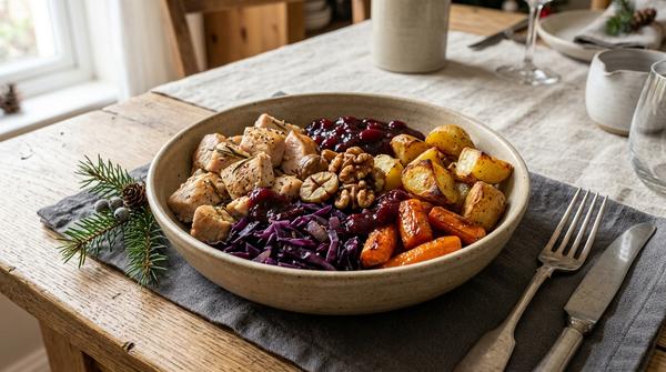 Weihnachts-Bowl mit Putenbrust, gerösteten Kartoffeln, Rotkraut, Karotten und Cranberry-Sauce