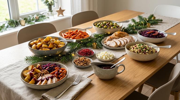 Festliches Bowl-Buffet mit winterlichem Gemüse, Pute, Kartoffeln, Toppings und Sauce