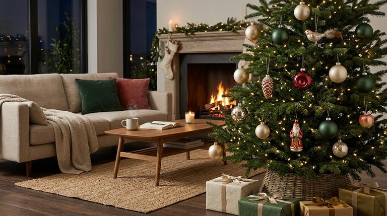 Weihnachtsbaum mit verschiedenen filigranen Glasornamenten wie Vogel, Reflexkugel und Zapfen