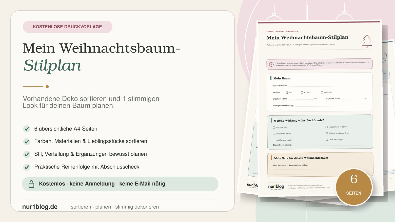 Vorschaubild des kostenlosen 6-seitigen Weihnachtsbaum-Stilplans zum Sortieren vorhandener Deko und Planen eines stimmigen Looks