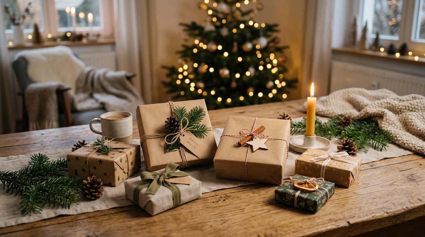 Kleine Weihnachtsgeschenke unter 20 Euro auf einem festlich dekorierten Tisch