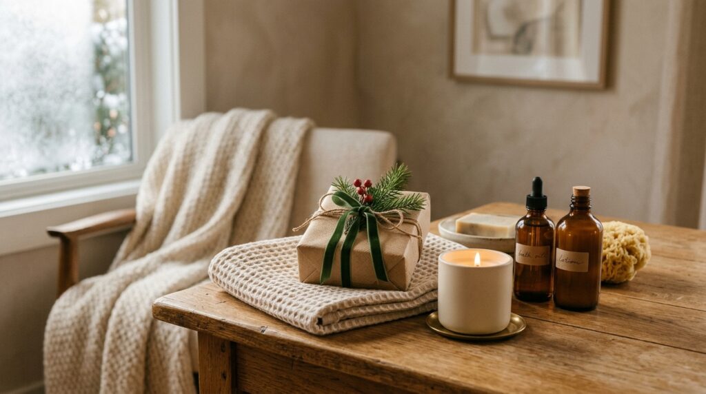 Kleine Wellness-Geschenke zu Weihnachten mit Kerze und Pflegeprodukten