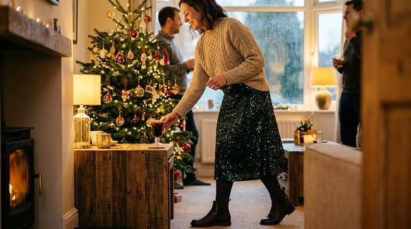 Weihnachtsoutfit mit Paillettenrock und schlichtem Strickpullover