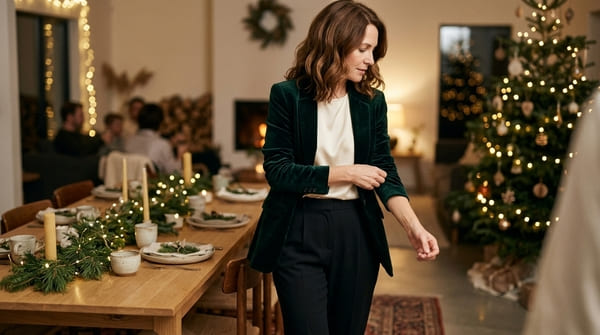 Weihnachtsoutfit mit Samtblazer, Satinbluse und Stoffhose