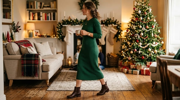 Weihnachtsoutfit mit Strickkleid und Stiefeln