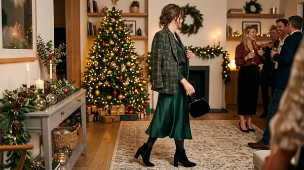 Weihnachtsoutfit mit Tweed-Blazer und Satinrock