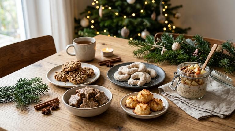 Festliche Weihnachtsrezepte ohne Haushaltszucker auf einem modern gedeckten Tisch