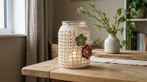 Cremefarbenes gehäkeltes Windlicht mit kleinen Blüten in Salbei und Altrosa