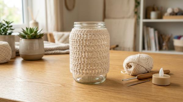 Gerades Glas mit cremefarbener gehäkelter Netzhülle, Baumwollgarn und Häkelnadel