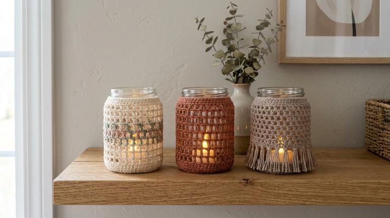 3 gehäkelte Windlichter aus Gläsern mit LED-Licht in Creme, Rost und Taupe