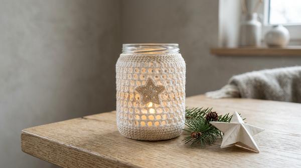 Cremefarbenes gehäkeltes Winter-Windlicht mit kleinem Stern und LED-Licht