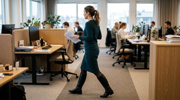 Winter-Büro-Outfit mit Midi-Strickkleid und Stiefeln