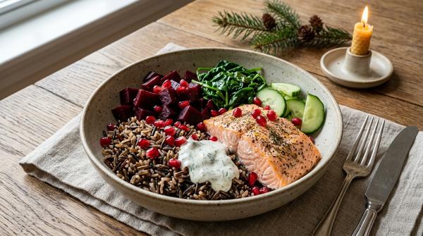 Lachs-Bowl mit Wildreis, Roter Bete, Spinat, Gurke und Granatapfel