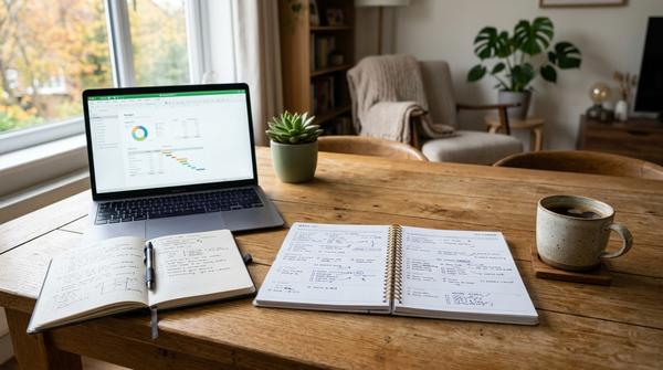 Wochenplaner, Notizbuch, Laptop und Kaffee auf einem Tisch zur Planung von Zeit und Kosten für ein Nebenbusiness