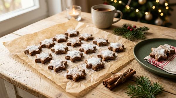 Selbstgemachte Zimtsterne mit Erythrit in weihnachtlicher Atmosphäre