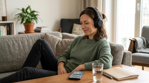 Person hört mit Kopfhörern eine Audio-Routine als ergänzende Unterstützung beim Rauchstopp