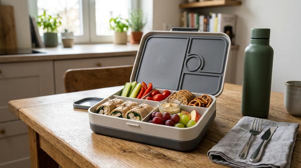 Bento-Lunchbox mit getrennten Fächern für Brot, Obst, Gemüse und Snacks