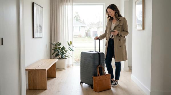 Frau steht mit geschlossenem Reisekoffer im Eingangsbereich und prüft Handy und Schlüssel