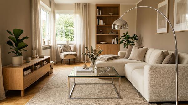 Modernes Wohnzimmer mit Chromleuchte, Glastisch und warmen Materialien als Kontrast