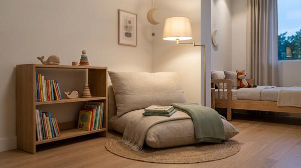 Gemütliche Leseecke im Kinderzimmer mit Bodenkissen, Büchern und sanftem Licht
