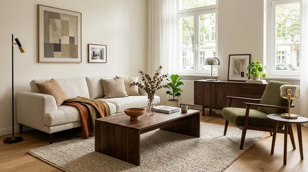 Modernes Wohnzimmer mit dunklem Holz, hellem Sofa und dezenten Retro-Elementen