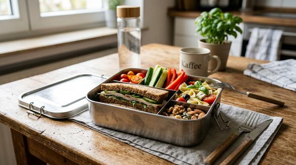 Edelstahl-Lunchbox mit vorbereitetem kaltem Mittagessen und Snacks