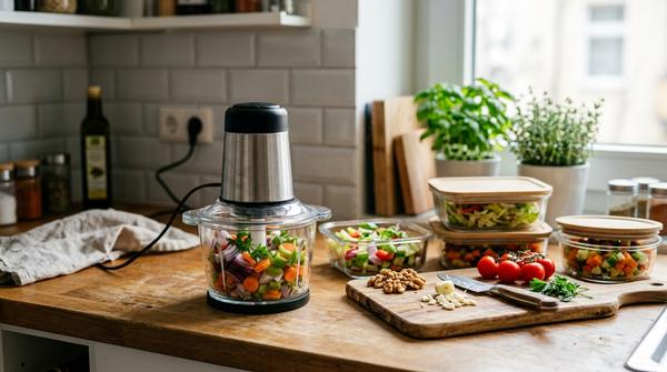 Elektrischer Zerkleinerer mit vorbereitetem Gemüse für Meal Prep