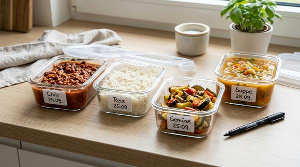 Beschriftete Meal-Prep-Behälter mit wiederablösbaren Etiketten und Datum