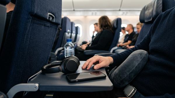 Kopfhörer, Getränk und Reiseutensilien auf dem Klapptisch im Flugzeug